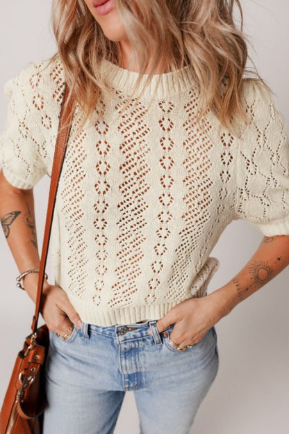 Hollowed Round Neck Half Sleeve Sweater-Angel Casuals