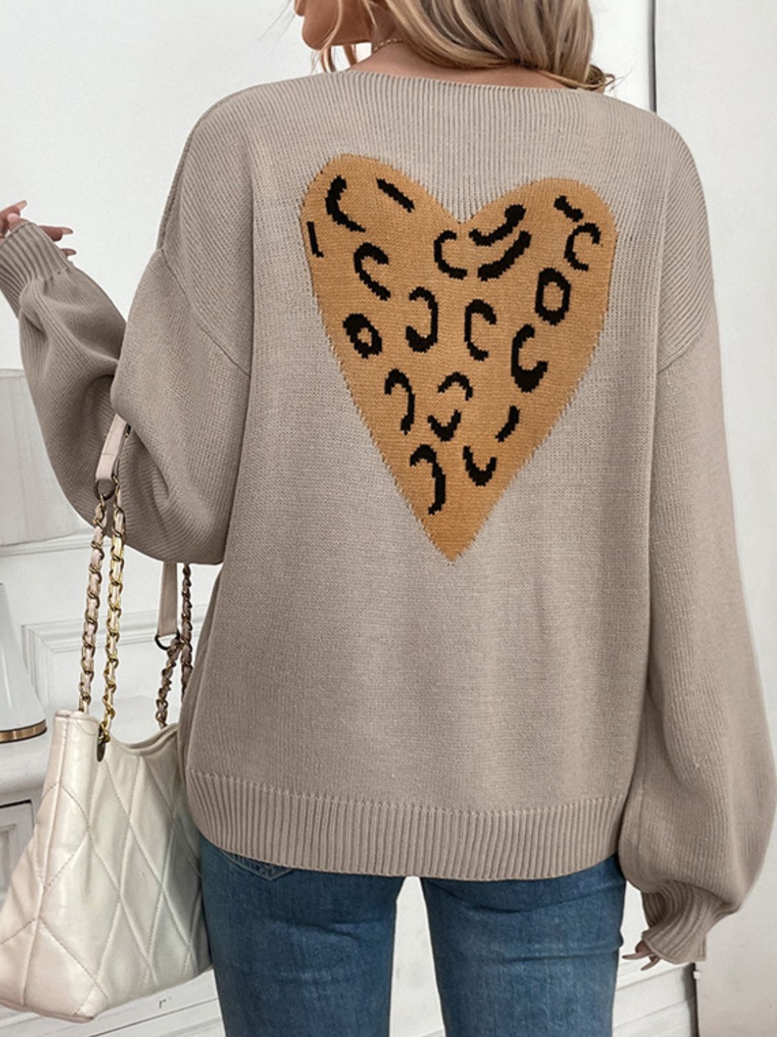 Perfee Tied Contrast Heart V-Neck Long Sleeve Cardigan-Angel Casuals
