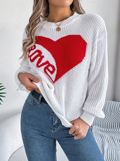 LOVE Heart Round Neck Dropped Shoulder Sweater-Angel Casuals