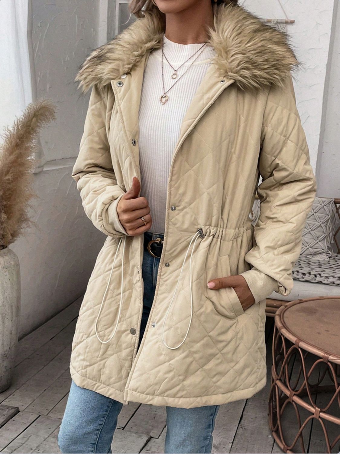 Drawstring Snap Down Long Sleeve Outerwear-Angel Casuals