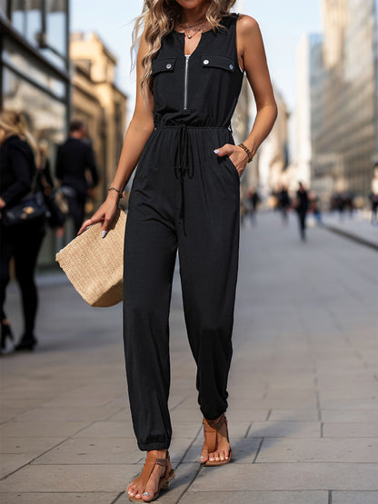 Half Zip Sleeveless Jumpsuit with Pockets-Angel Casuals