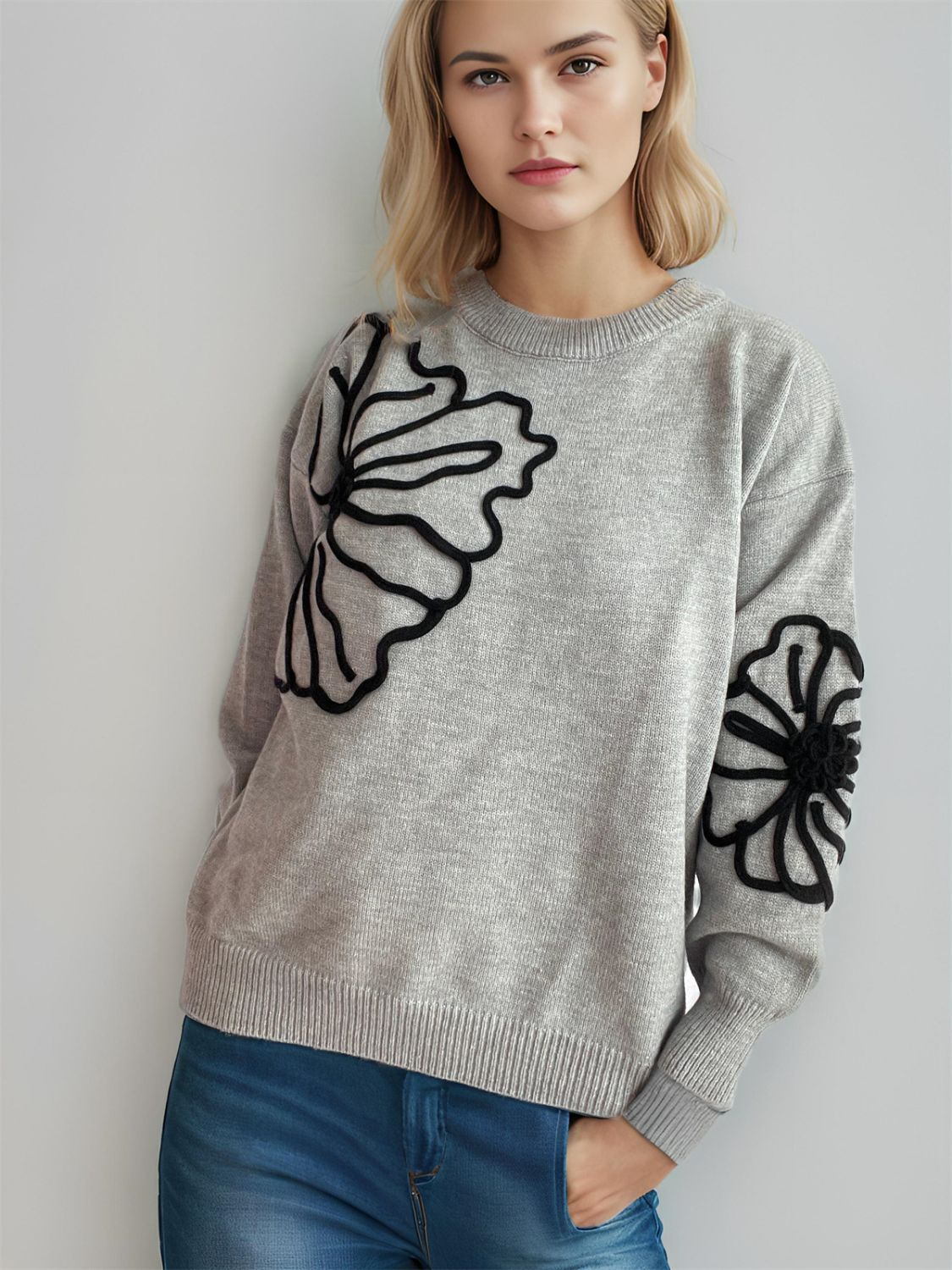 Flower Round Neck Long Sleeve Sweater-Angel Casuals