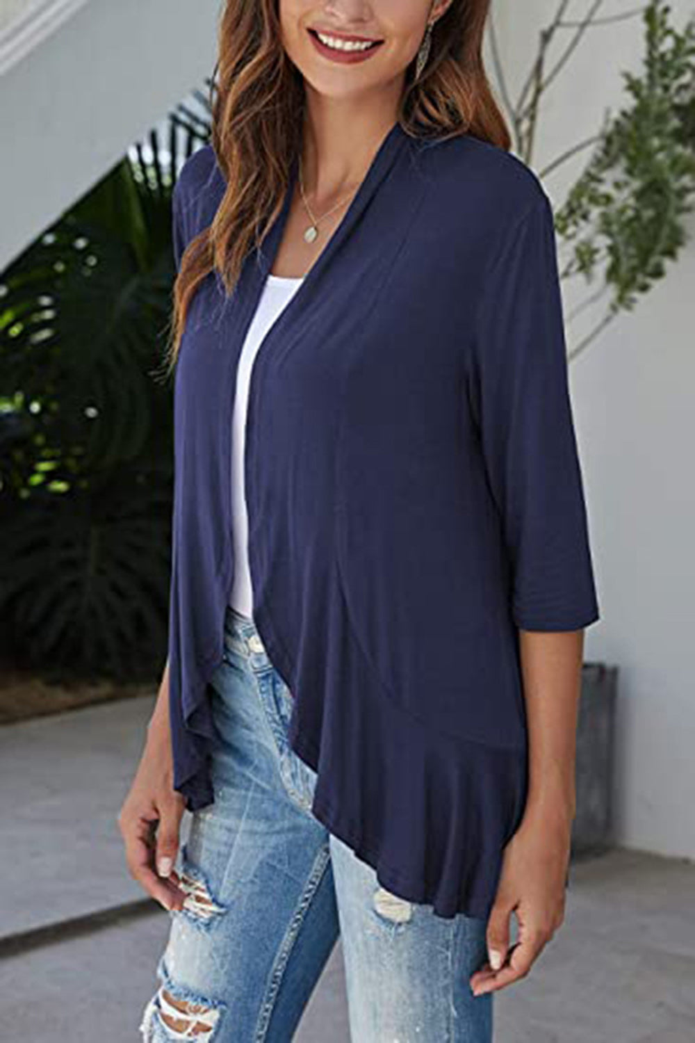 Open Front Three-Quarter Sleeve Cardigan-Angel Casuals
