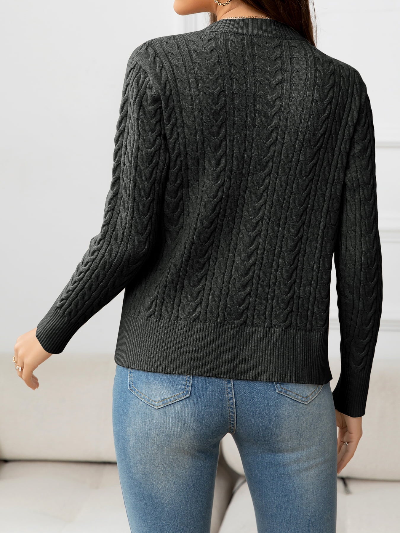 V-Neck Long Sleeve Cable-Knit Buttoned Knit Top-Angel Casuals