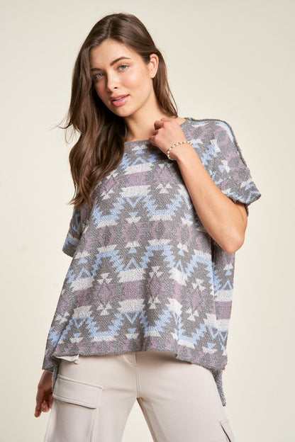 Davi & Dani High-Low Geometric Round Neck Knit Top-Angel Casuals