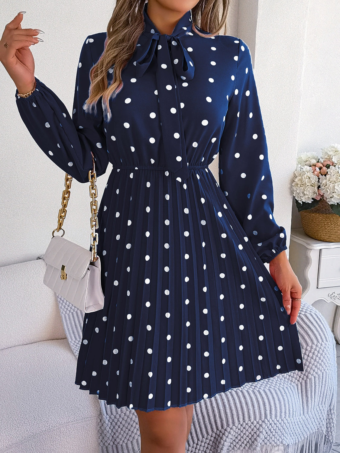 Polka Dot Tie Neck Pleated Dress-Angel Casuals