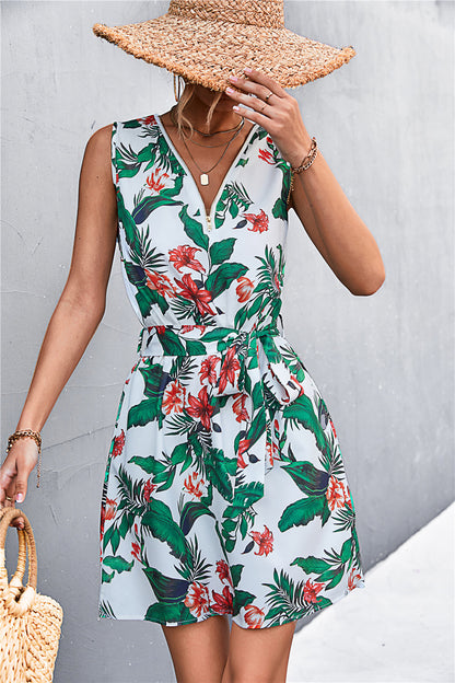 Printed Zip Detail Belted Sleeveless Dress-Angel Casuals