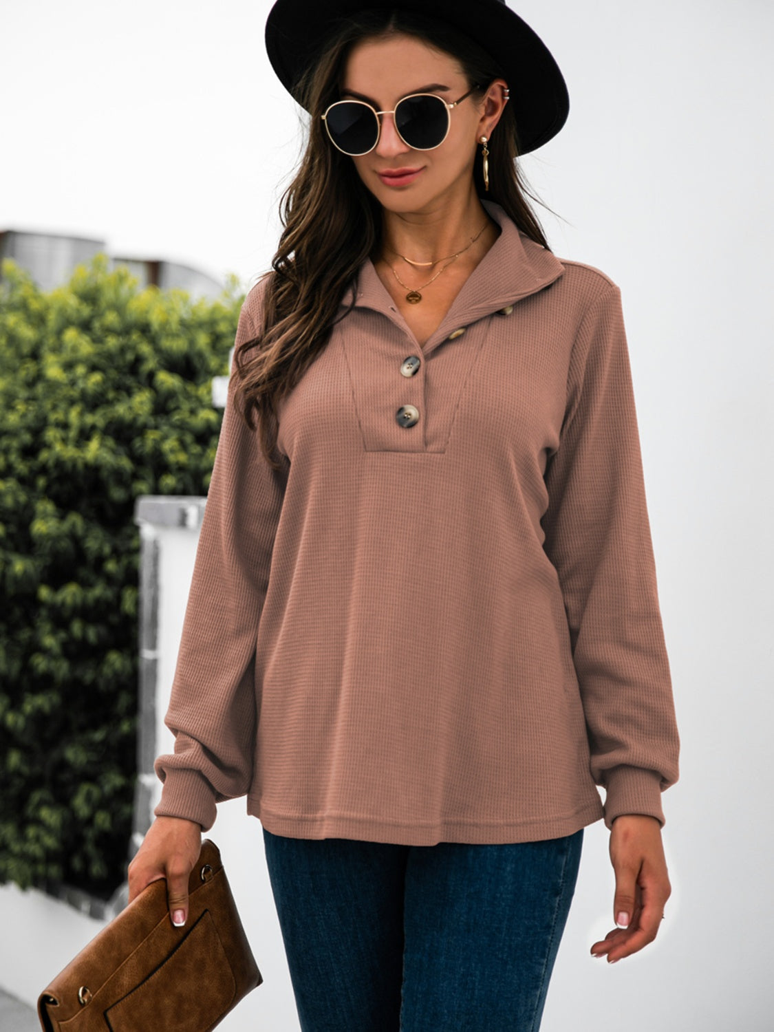 Half Button Long Sleeve T-Shirt-Angel Casuals