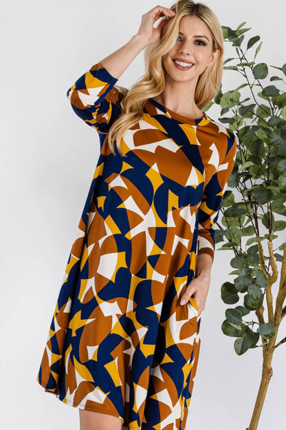 Celeste Full Size Geometric Round Neck Dress with Pockets-Angel Casuals