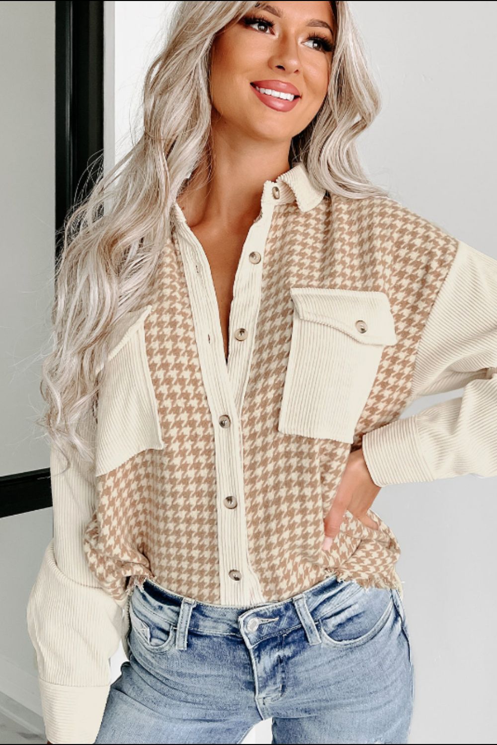 Houndstooth Button Up Long Sleeve Jacket-Angel Casuals
