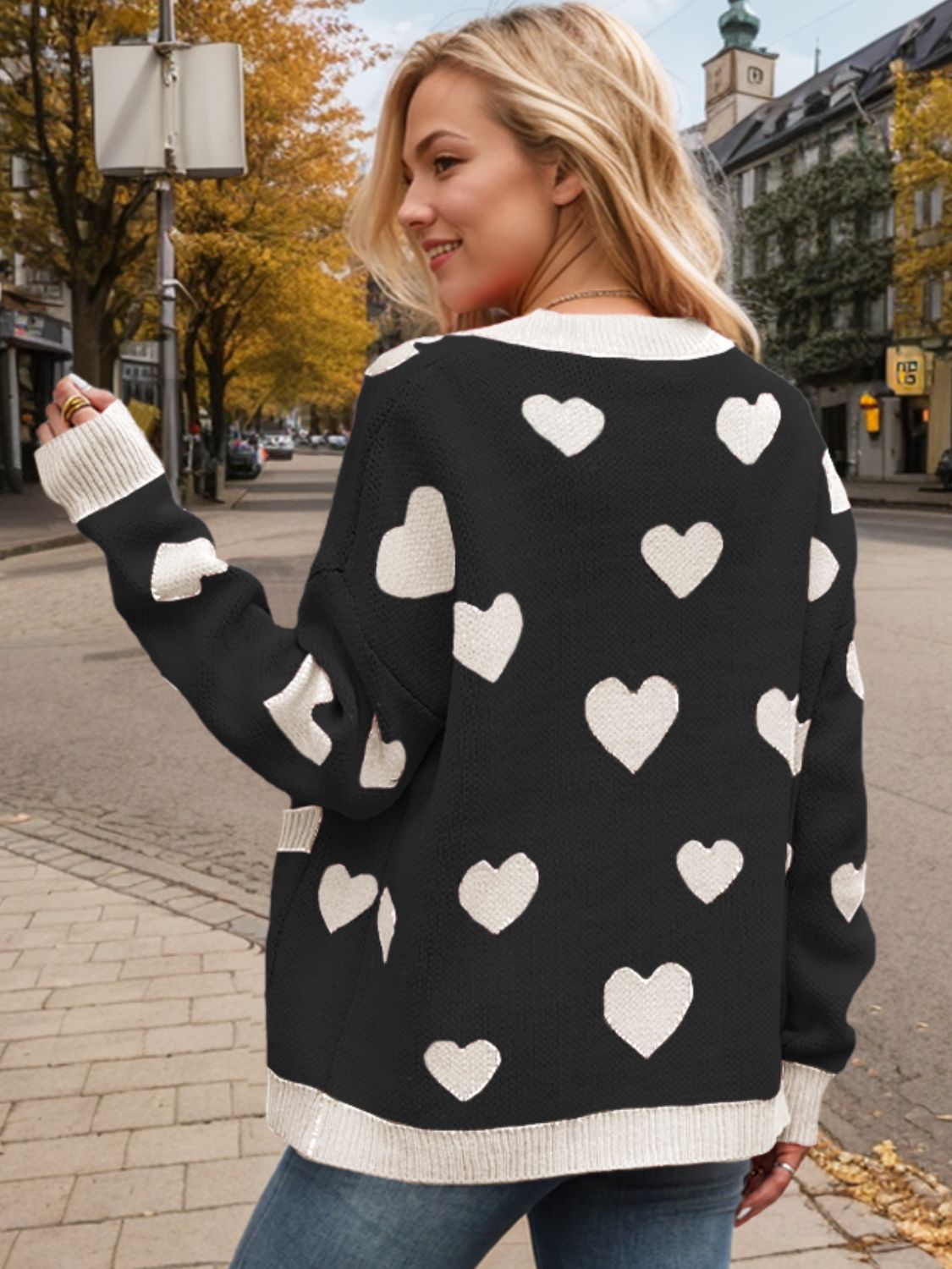 Heart Button Up Dropped Shoulder Long Sleeve Cardigan-Angel Casuals