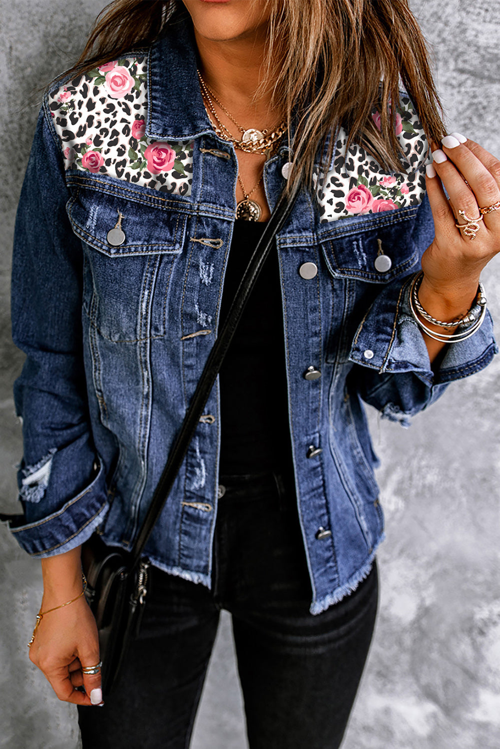 Mixed Print Distressed Button Front Denim Jacket-Angel Casuals