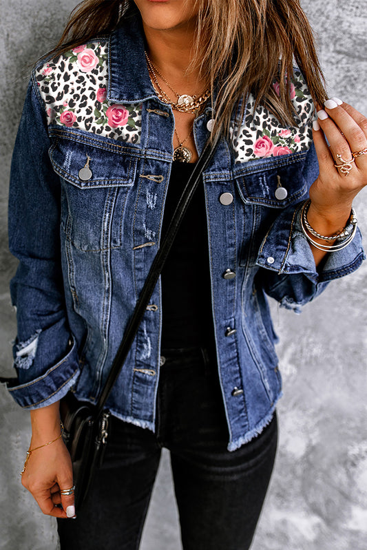 Mixed Print Distressed Button Front Denim Jacket-Angel Casuals