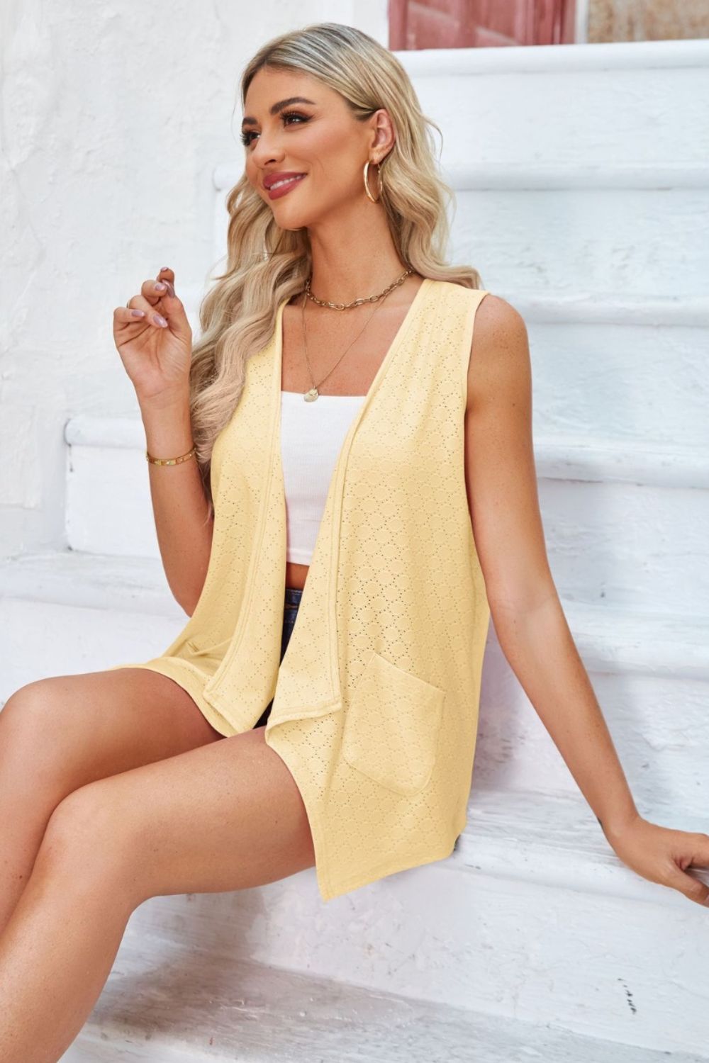 Eyelet Open Front Sleeveless Cardigan-Angel Casuals