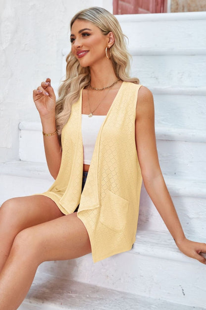 Eyelet Open Front Sleeveless Cardigan-Angel Casuals