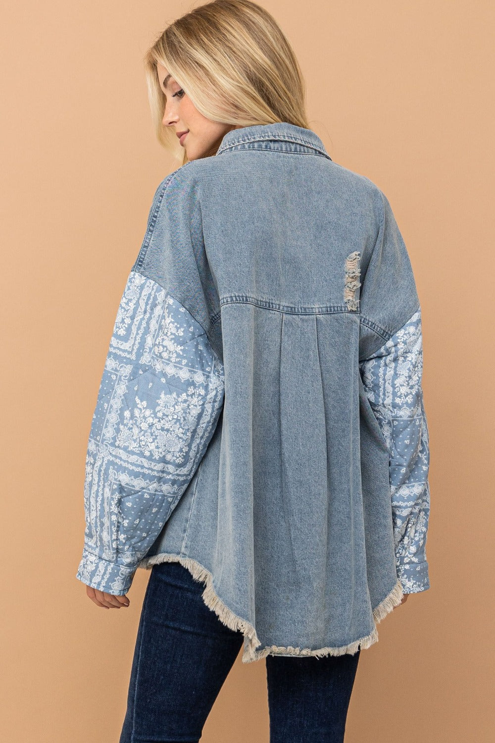 And The Why Full Size Paisley Print Quilted Sleeves Denim Jacket-Angel Casuals