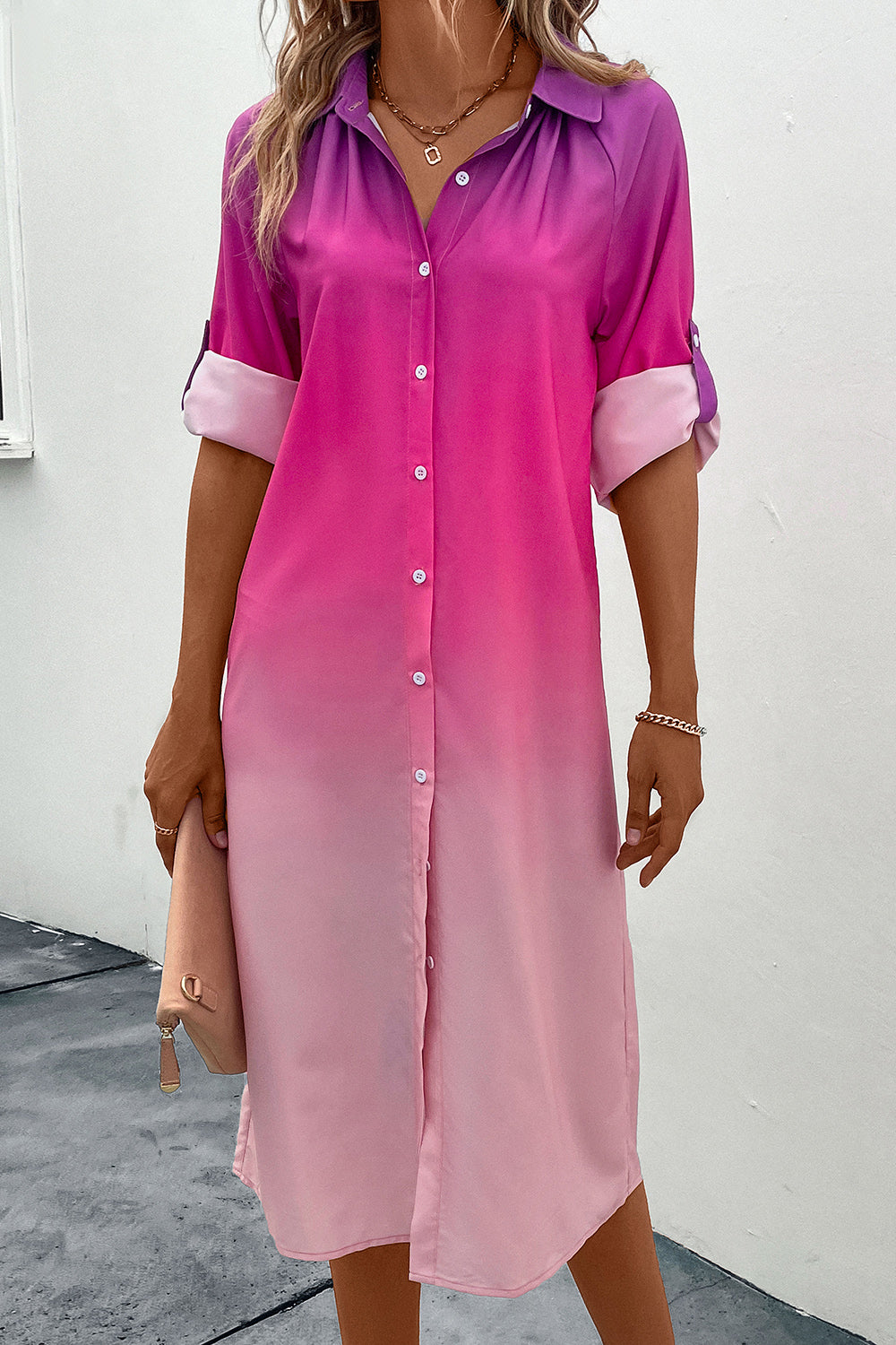 Gradient Long Sleeve Shirt Dress-Angel Casuals