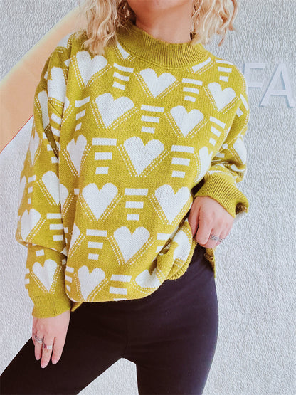 Heart Contrast Long Sleeve Dropped Shoulder Sweater-Angel Casuals