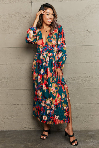 Printed Deep V Slit Pleated Dress-Angel Casuals