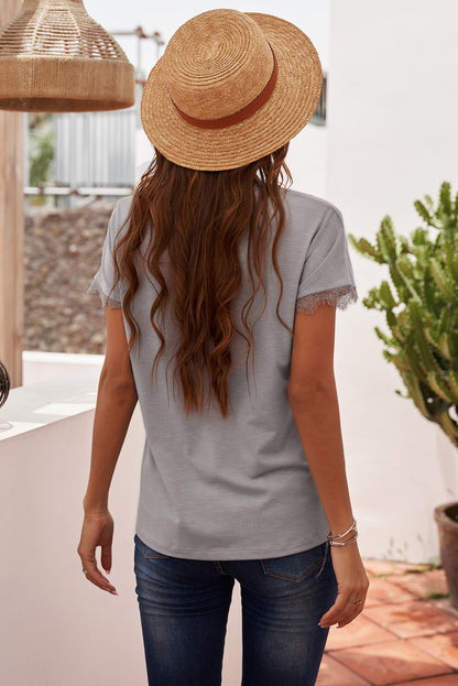 Lace Detail V-Neck T-Shirt-Angel Casuals