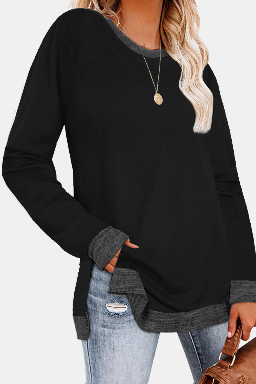 Round Neck Long Sleeve Slit T-Shirt-Angel Casuals