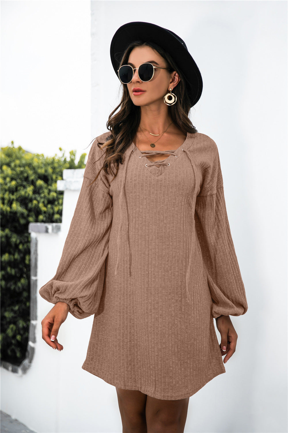 Balloon Sleeve Crisscross Detail Knit Dress-Angel Casuals