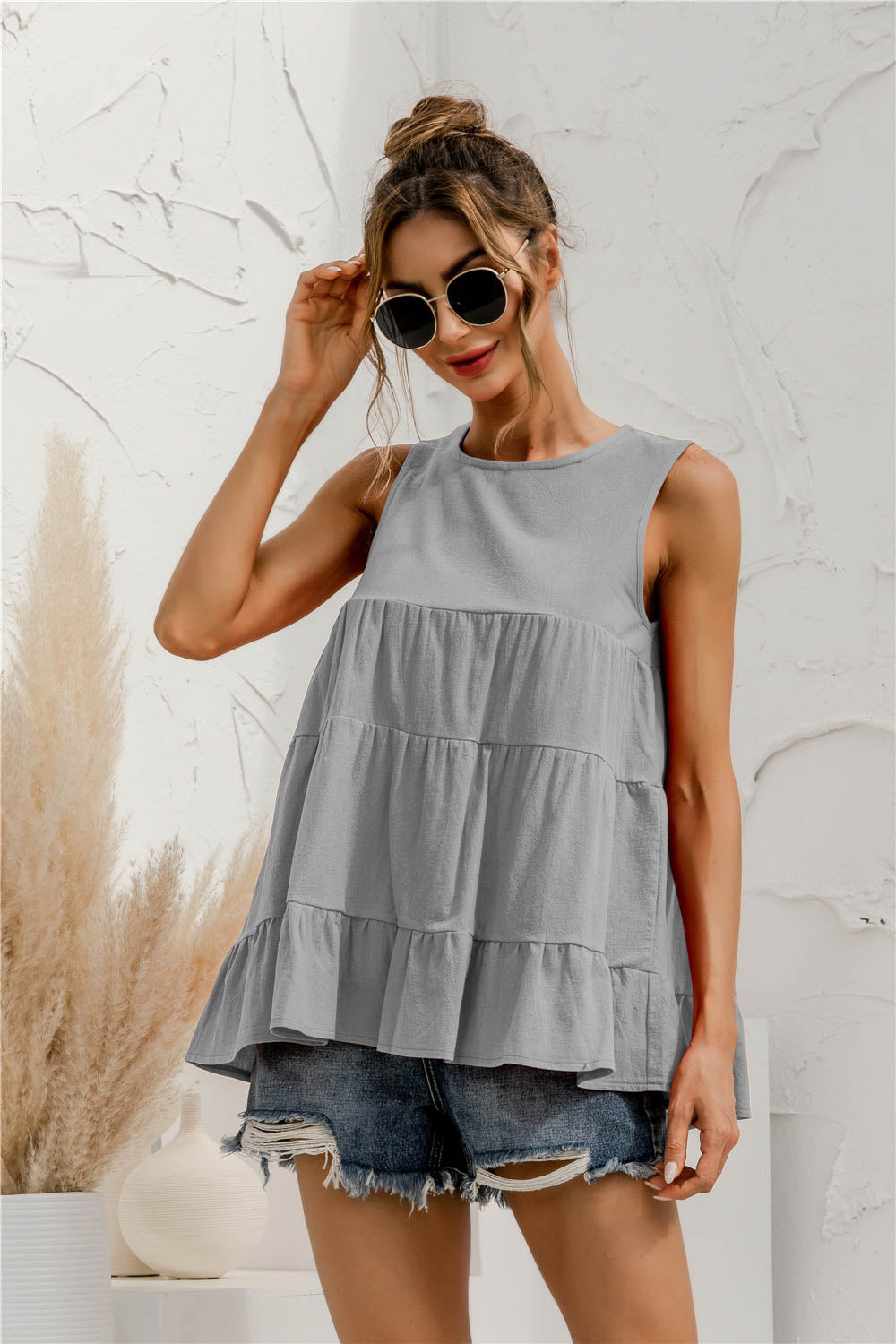 Round Neck Tiered Tank-Angel Casuals