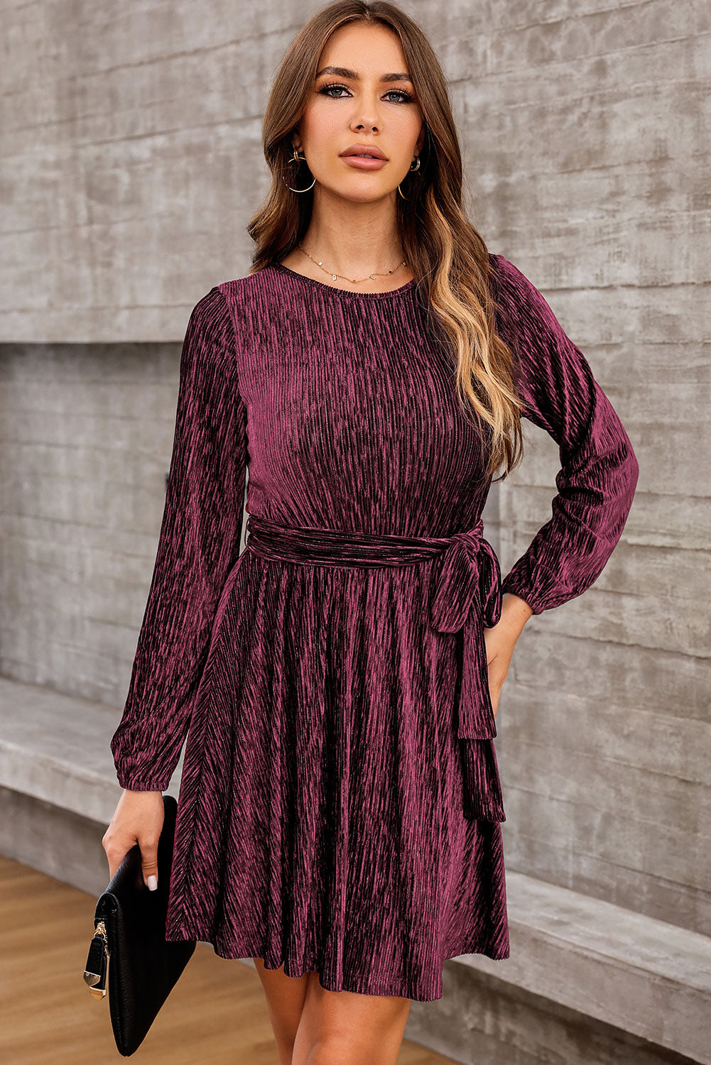 Round Neck Tie Front Long Sleeve Dress-Angel Casuals