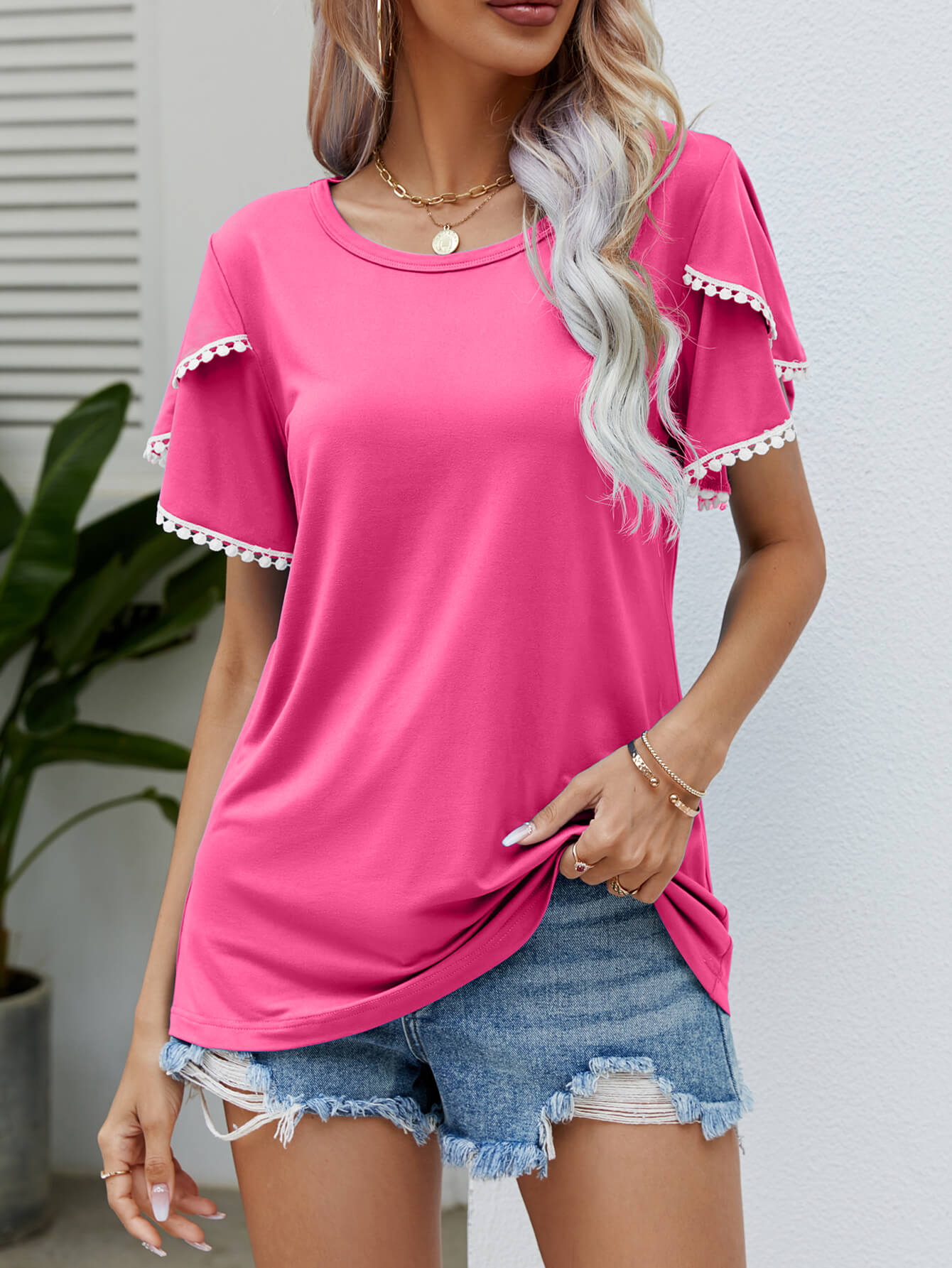 Pom-Pom Trim Flutter Sleeve Round Neck Tee-Angel Casuals