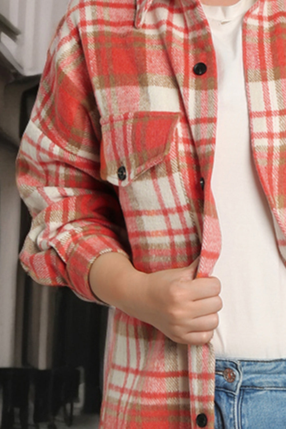 Plaid Dropped Shoulder Shirt Jacket-Angel Casuals