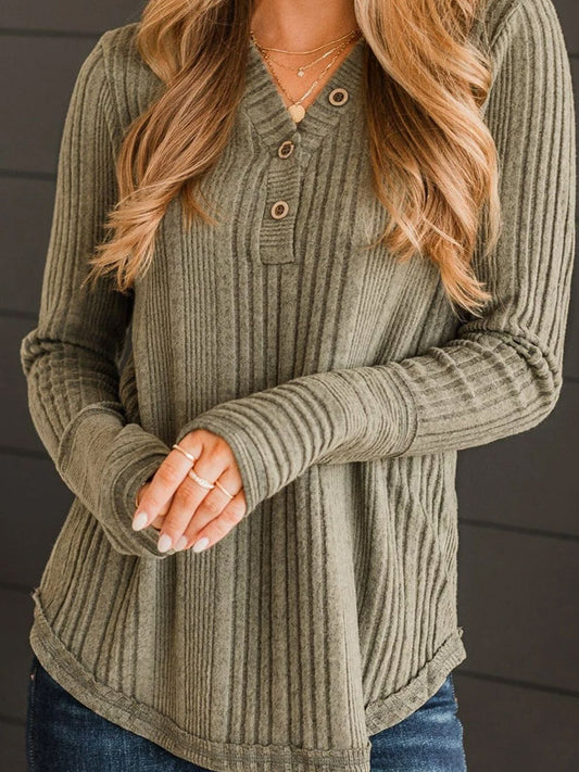 Textured V-Neck Long Sleeve T-Shirt-Angel Casuals