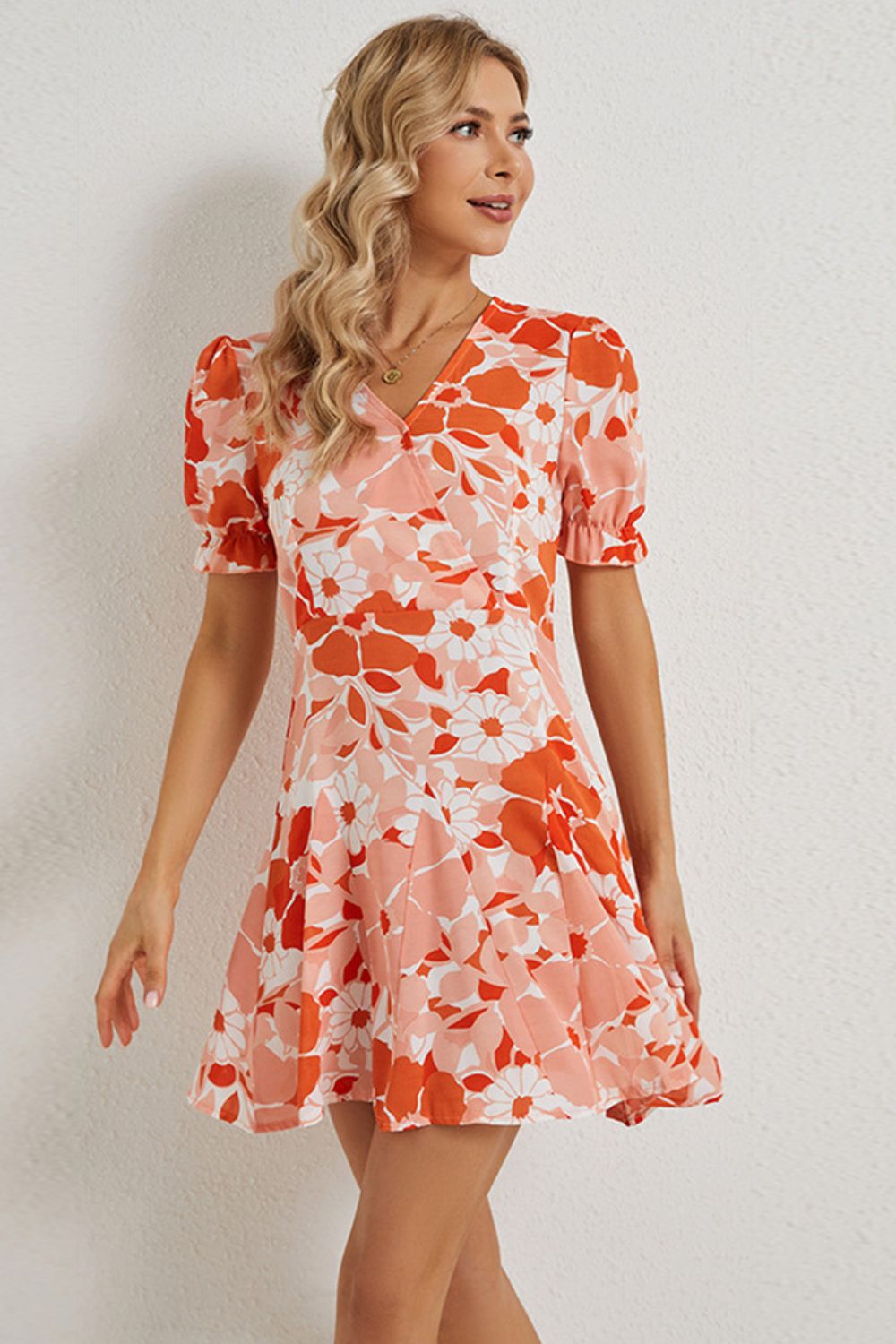 Floral Surplice Neck Flounce Sleeve Dress-Angel Casuals