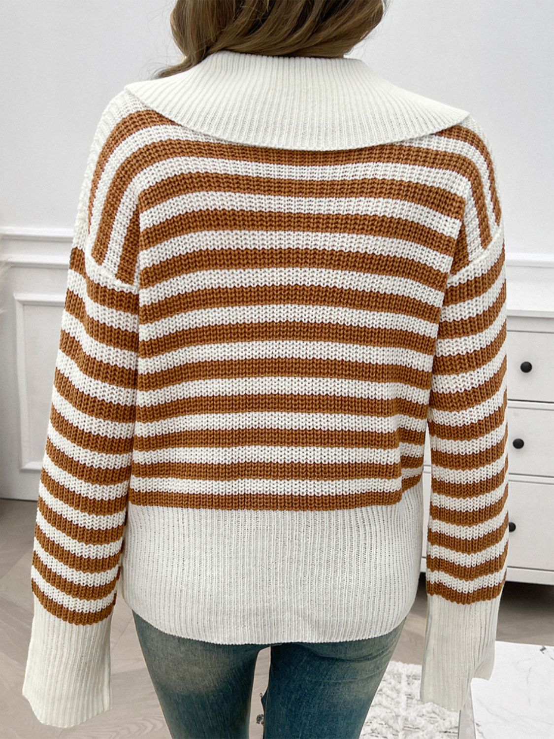 Devine Striped Collared Neck Long Sleeve Sweater-Angel Casuals