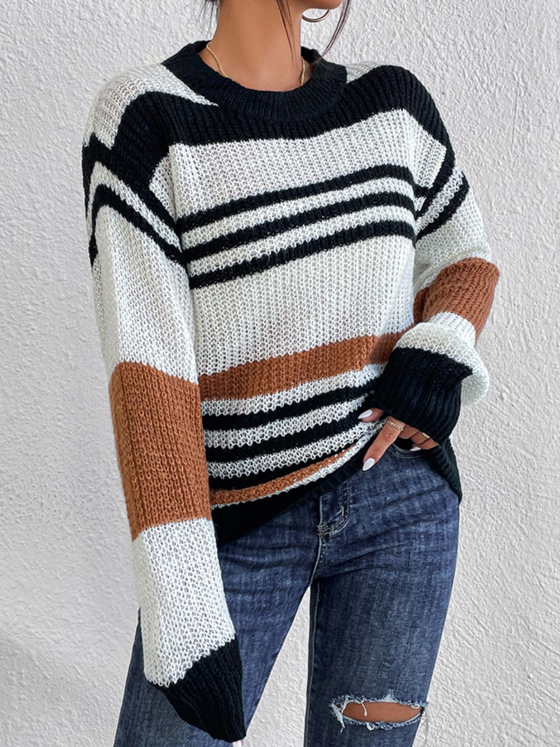 Contrast Striped Round Neck Long Sleeve Sweater-Angel Casuals