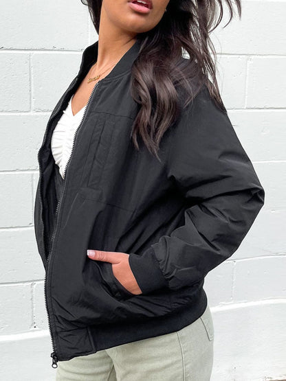 Zip Up Baseball Collar Jacket with Pockets-Angel Casuals