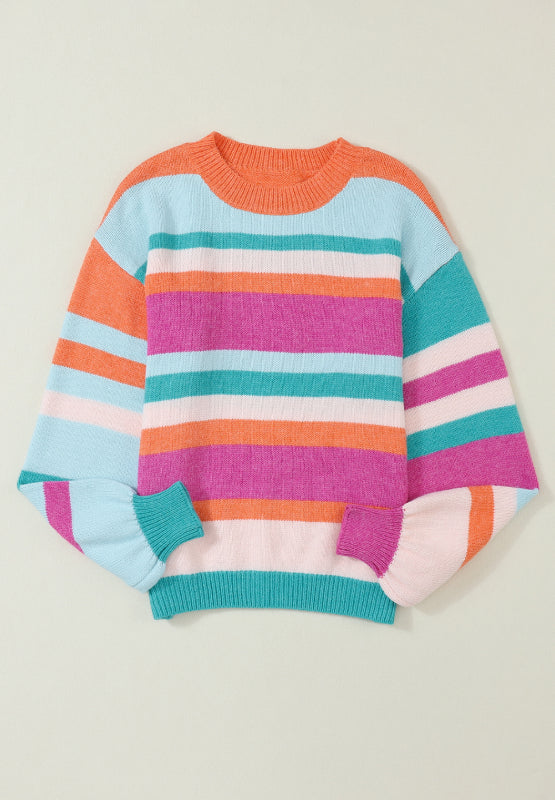 Striped Round Neck Drop Shoulder Sweater-Angel Casuals