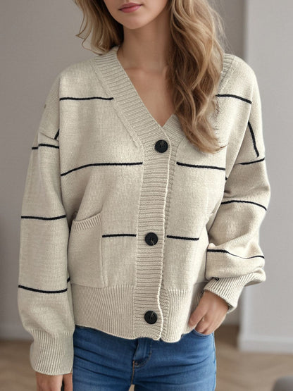 Striped Button Down V-Neck Long Sleeve Cardigan-Angel Casuals