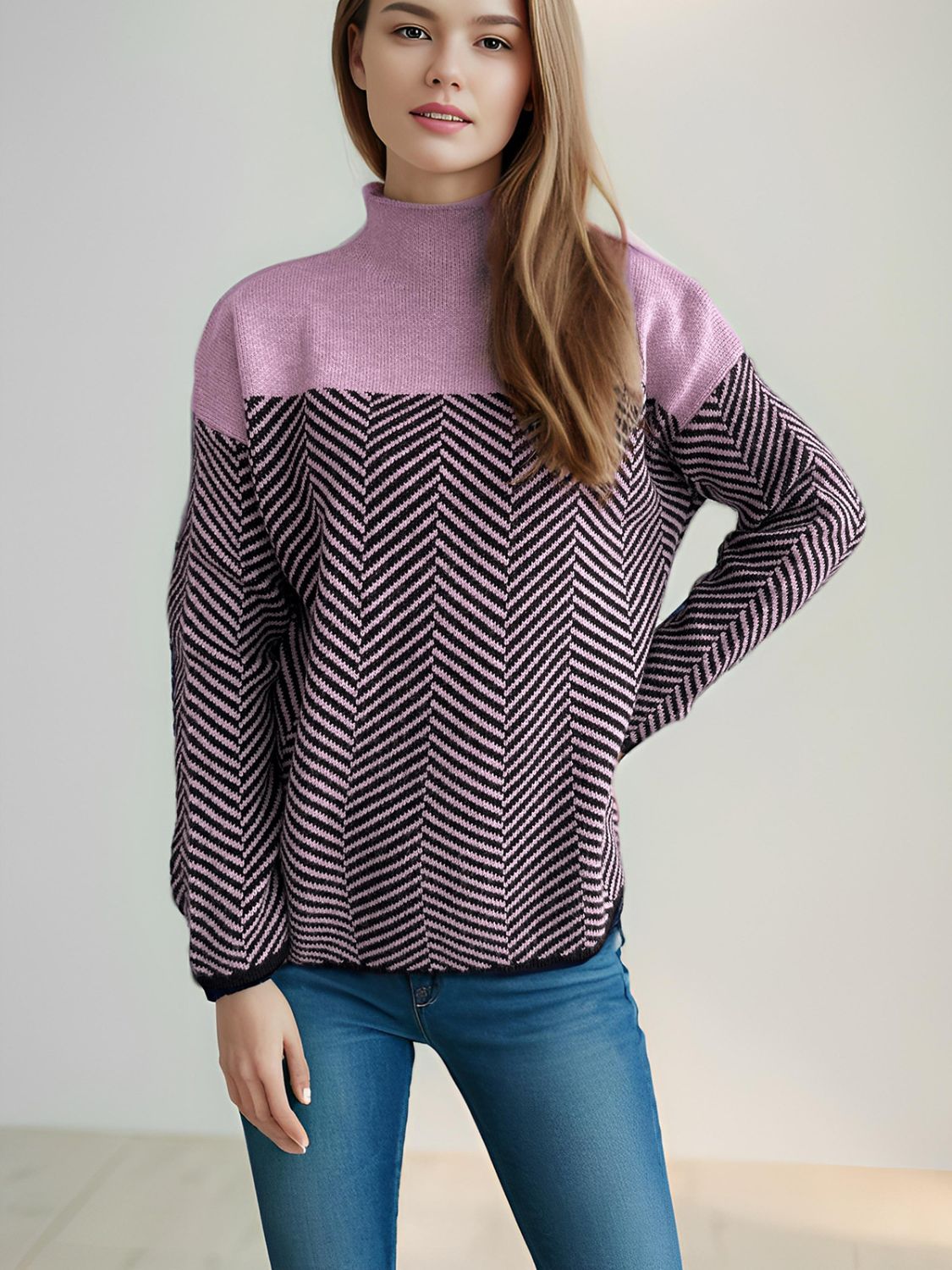 Contrast Turtleneck Long Sleeve Sweater-Angel Casuals