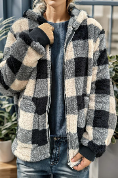 Double Take Full Size Plaid Long Sleeve Hooded Coat-Angel Casuals