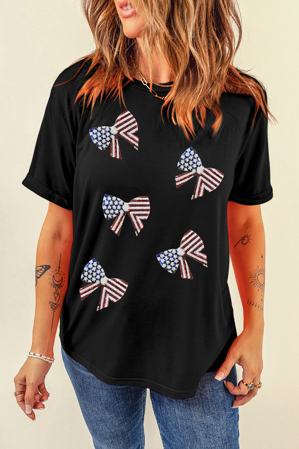 US Flag Round Neck Short Sleeve T-Shirt-Angel Casuals