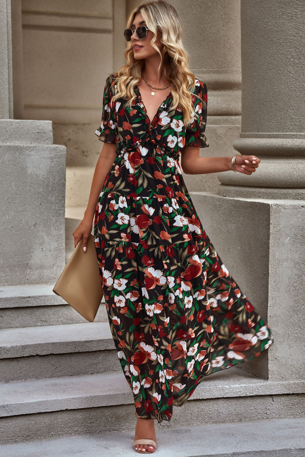 Floral V-Neck Short Flounce Sleeve Dress-Angel Casuals