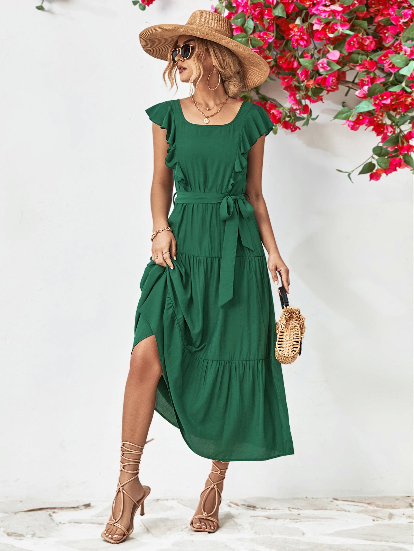 Tie Belt Ruffled Tiered Dress-Angel Casuals