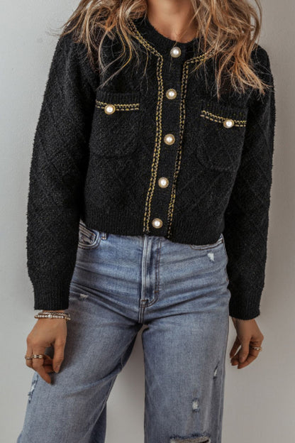 Round Neck Button Up Long Sleeve Cardigan-Angel Casuals