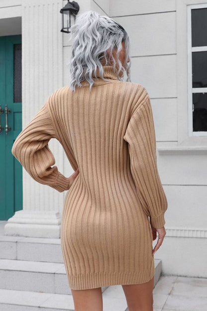 Ribbed Turtle Neck Long Sleeve Mini Sweater Dress-Angel Casuals