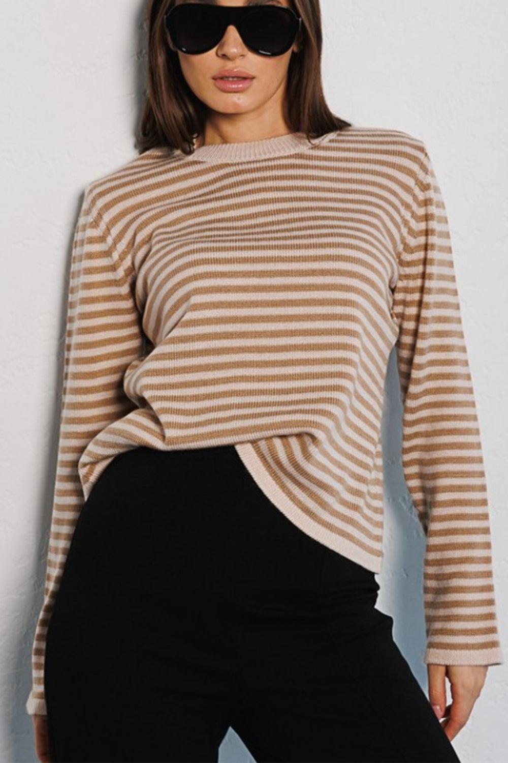 Striped Round Neck Long Sleeve Sweater-Angel Casuals