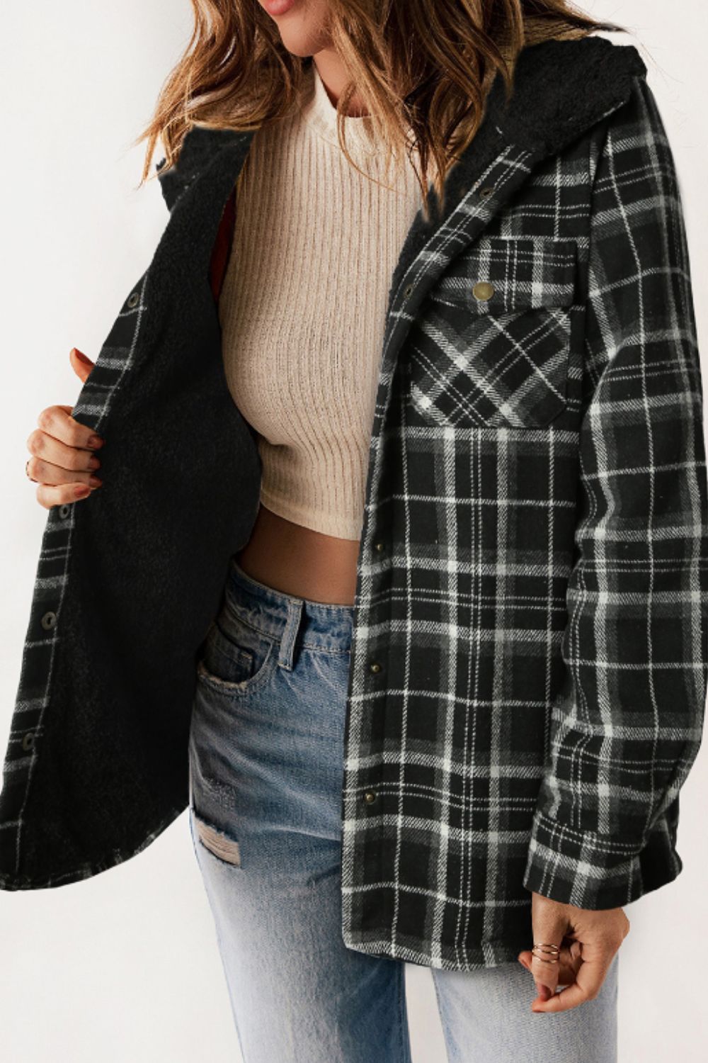 Plaid Button Up Long Sleeve Hooded Jacket-Angel Casuals