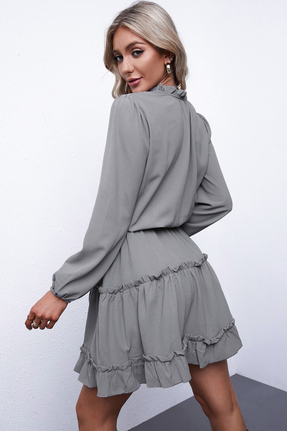 Frill Tie Neck Balloon Sleeve Dress-Angel Casuals