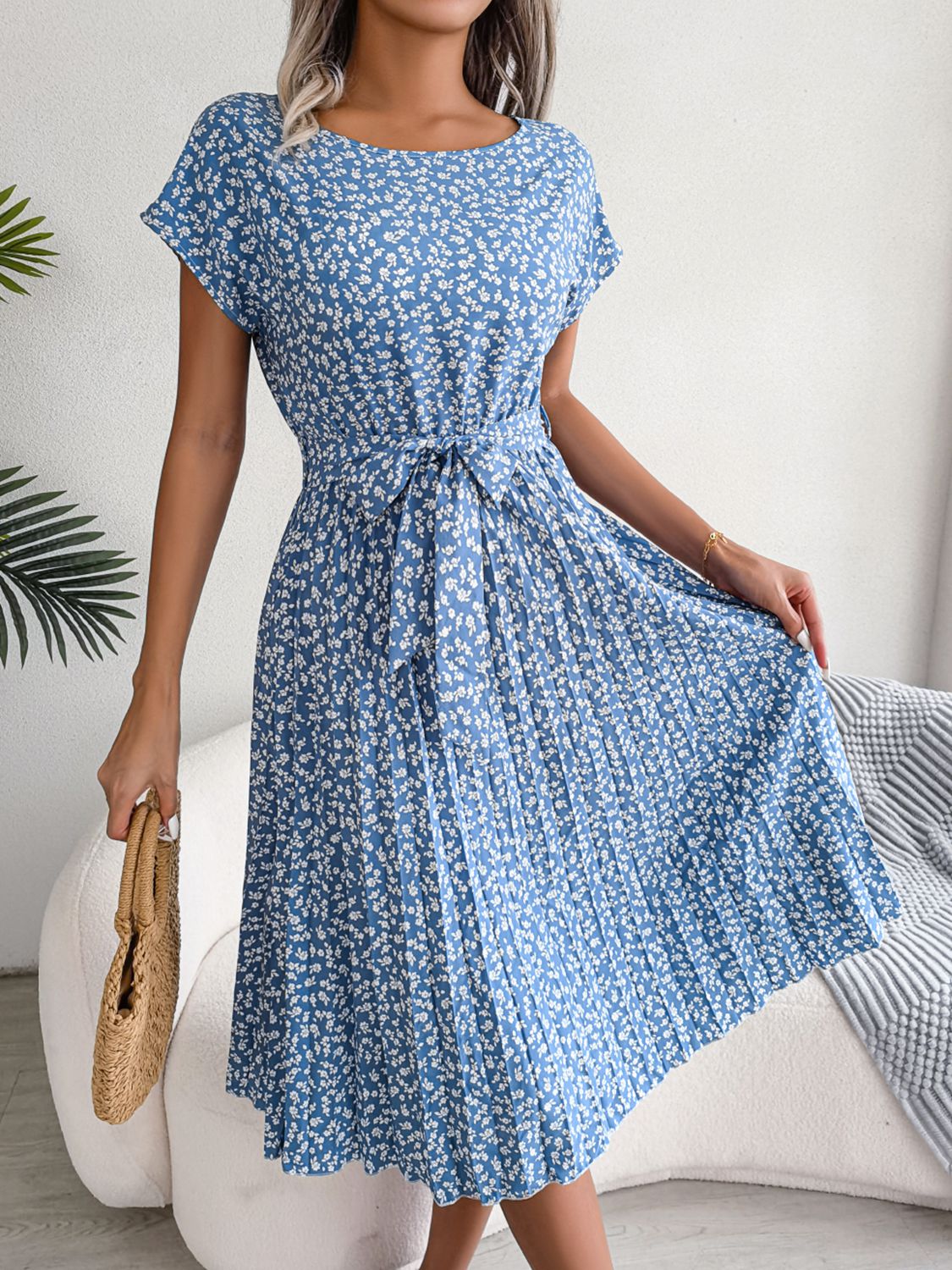 Ditsy Floral Pleated Belted Dress-Angel Casuals