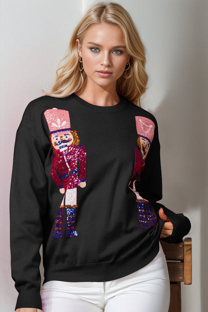 Double Take Full Size Nutcracker Sequin Long Sleeve Sweater-Angel Casuals