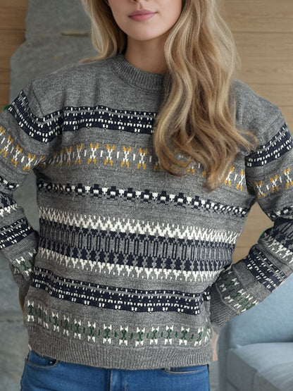 Geometric Round Neck Long Sleeve Sweater-Angel Casuals